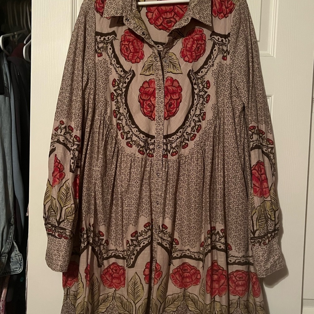 Free People Long Sleeve Dress with Red and Green Floral Pattern